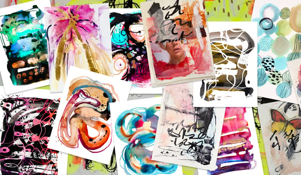 miture of many paintings with watercolor urban sketchers dark gray acrylic paint, and gesso white acrylic paint designs